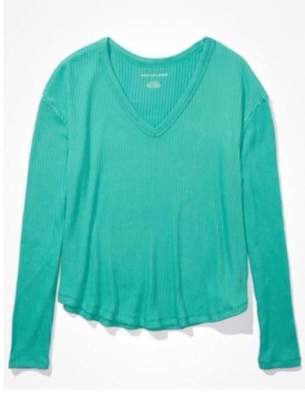 American Eagle V-Neck Plush Long Sleeve Ribbed Top Caribbean Green Size Small